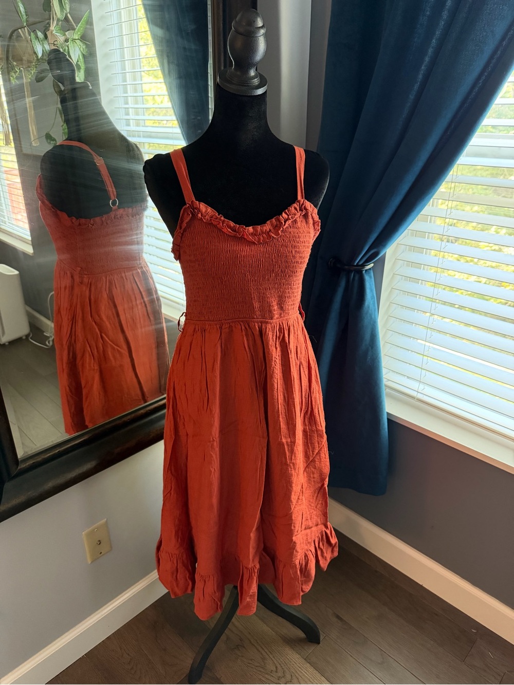 Bluivy Rust Orange Smocked Midi Dress with Ruffle Trim